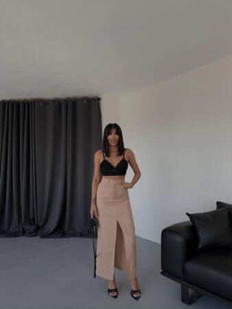 GABARDİN UZUN ÖNDEN YIRTMAÇLI ETEK - Kahverengi - 3