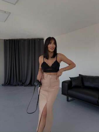 GABARDİN UZUN ÖNDEN YIRTMAÇLI ETEK - Kahverengi - ANGELINO BuyukBedeniz