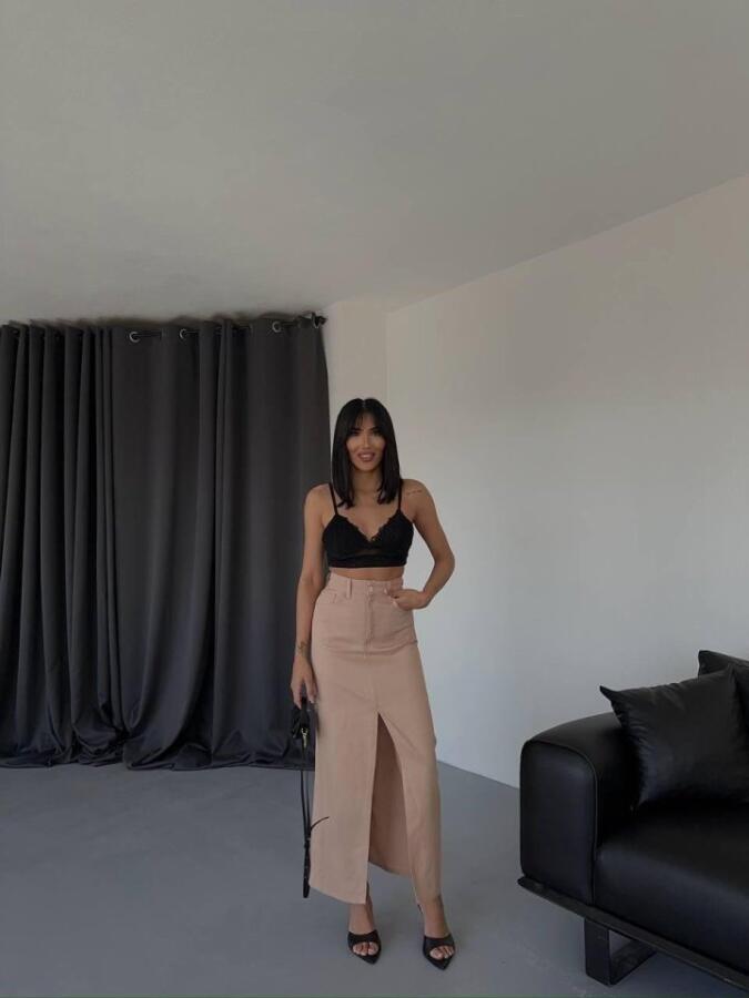 GABARDİN UZUN ÖNDEN YIRTMAÇLI ETEK - Kahverengi - 3