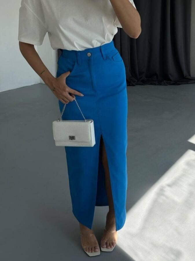 GABARDİN UZUN ÖNDEN YIRTMAÇLI ETEK - Saks - 2