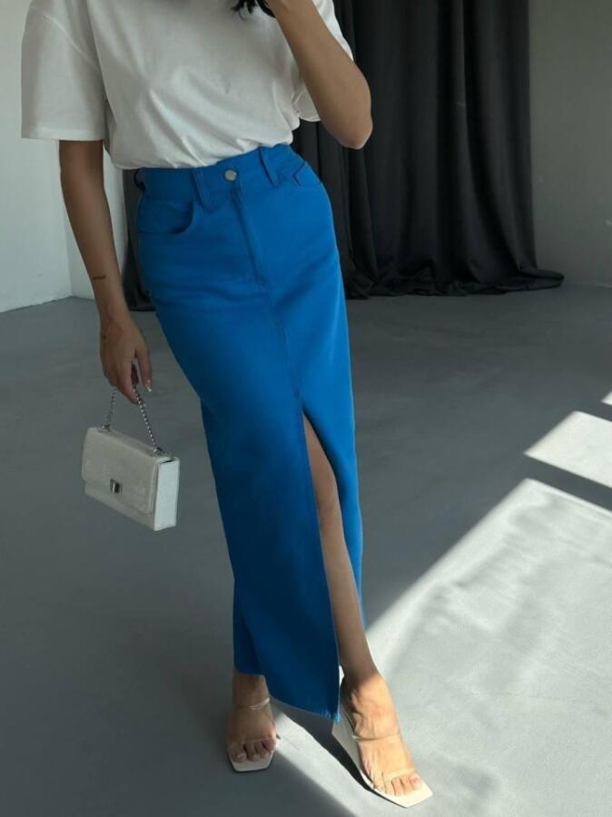 GABARDİN UZUN ÖNDEN YIRTMAÇLI ETEK - Saks - 4