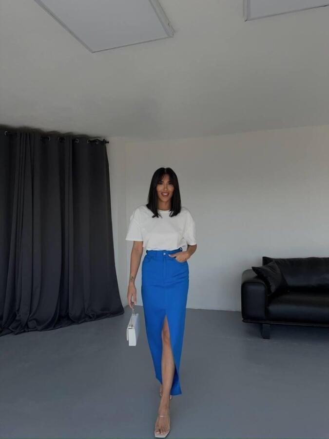 GABARDİN UZUN ÖNDEN YIRTMAÇLI ETEK - Saks - 1