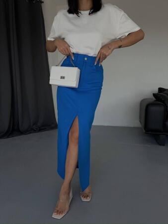 GABARDİN UZUN ÖNDEN YIRTMAÇLI ETEK - Saks - 3