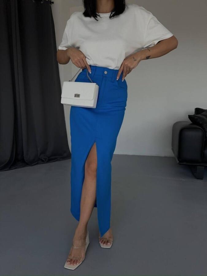 GABARDİN UZUN ÖNDEN YIRTMAÇLI ETEK - Saks - 3