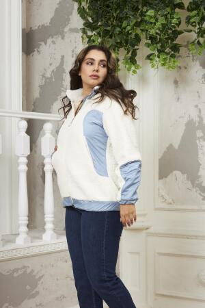 Garnili Büyük Beden Kıvırcık Ekru Mont - 7