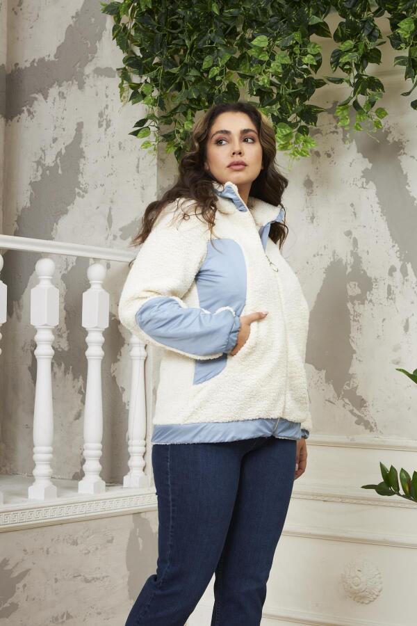 Garnili Büyük Beden Kıvırcık Ekru Mont - 2