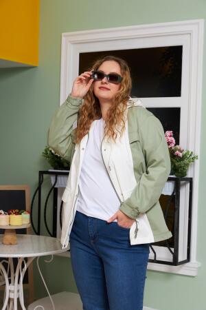 Garnili Kapşon Detaylı Büyük Beden Trençkot Ekru - 3