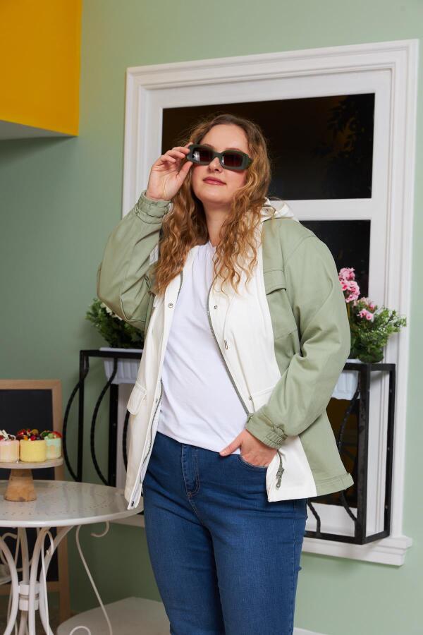 Garnili Kapşon Detaylı Büyük Beden Trençkot Ekru - 3