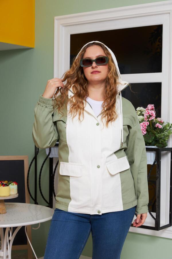 Garnili Kapşon Detaylı Büyük Beden Trençkot Ekru - 5