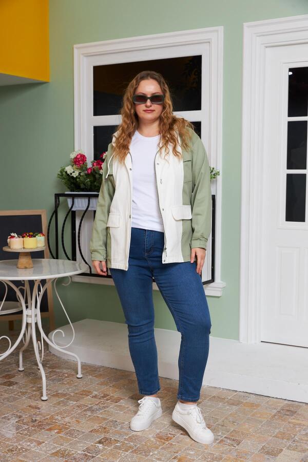 Garnili Kapşon Detaylı Büyük Beden Trençkot Ekru - 6