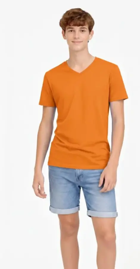Genç Erkek Çocuk V Yaka Tişört Yazlık Model Günlük Basic Body - Turuncu - 1