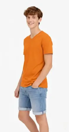 Genç Erkek Çocuk V Yaka Tişört Yazlık Model Günlük Basic Body - Turuncu - 3