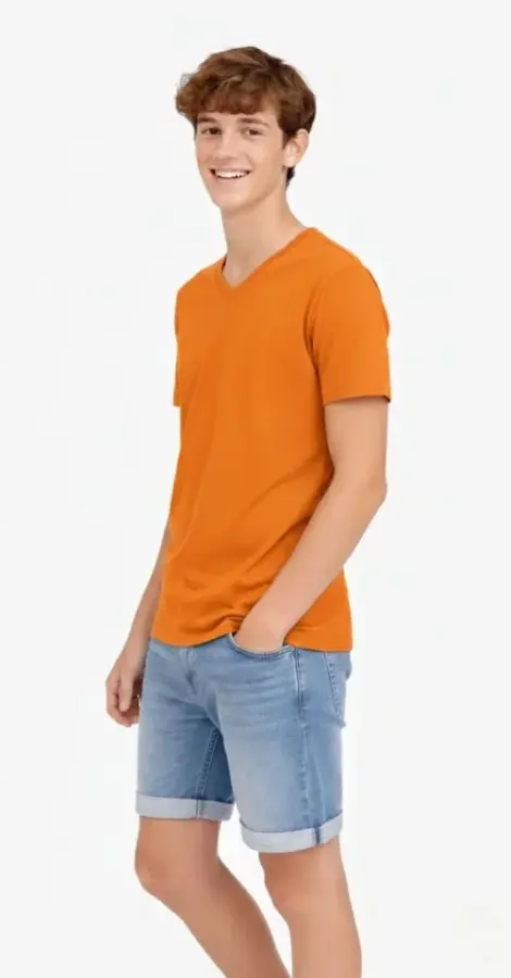 Genç Erkek Çocuk V Yaka Tişört Yazlık Model Günlük Basic Body - Turuncu - 3