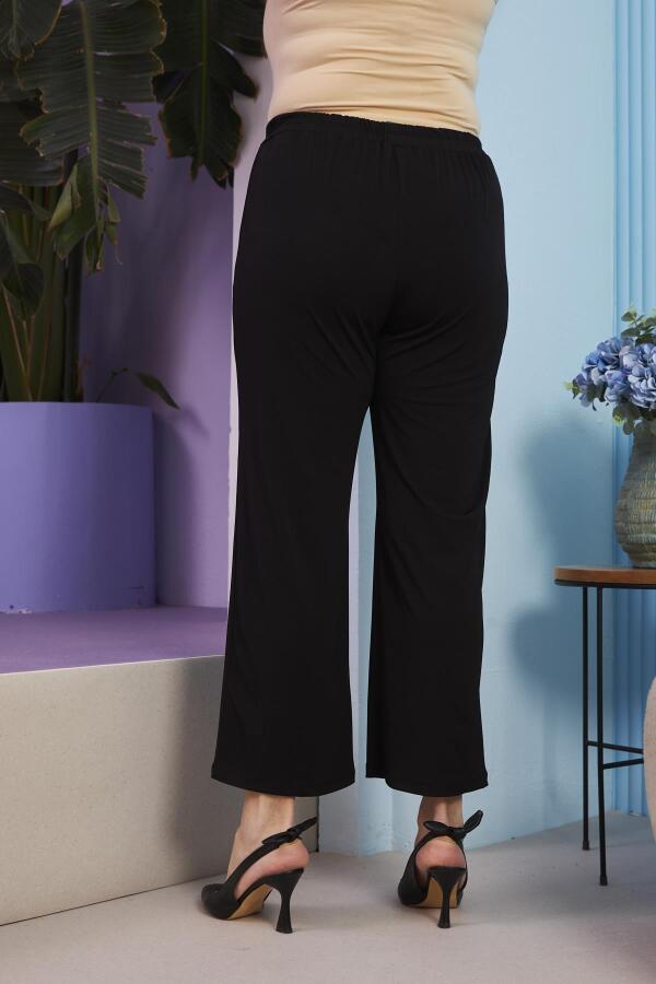 Geniş Paça Beli Lastikli Büyük Beden Siyah Pantolon - 4