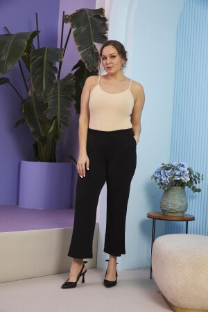 Geniş Paça Beli Lastikli Büyük Beden Siyah Pantolon - 5