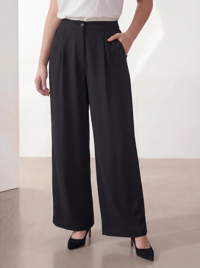 Geniş Paça Kadın Büyük Beden Kumaş Pantolon Siyah - 1