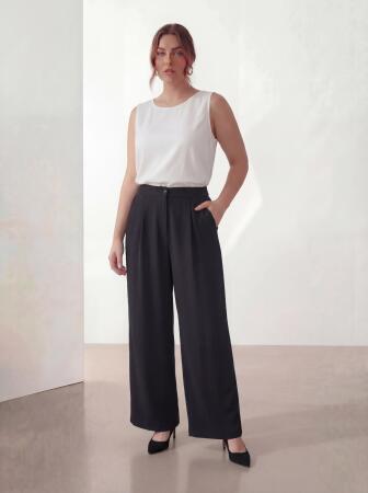 Geniş Paça Kadın Büyük Beden Kumaş Pantolon Siyah - 3