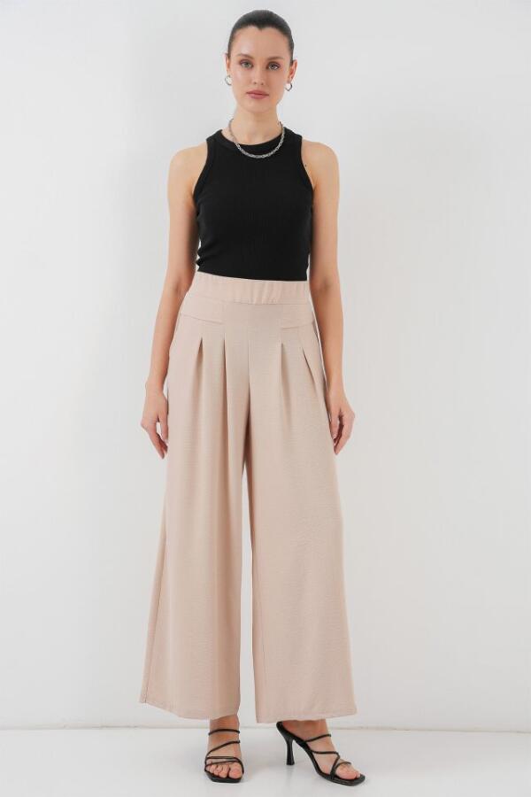 Geniş Paça Pileli Pantolon 6718 - Krem - 1