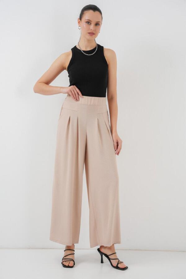 Geniş Paça Pileli Pantolon 6718 - Krem - 2