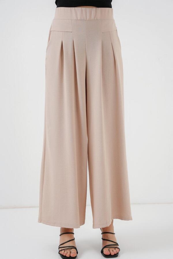 Geniş Paça Pileli Pantolon 6718 - Krem - 3