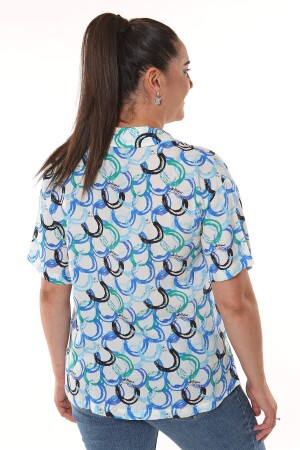Geometric Patterned Men's Collar Short Sleeve Blue Shirt - 3