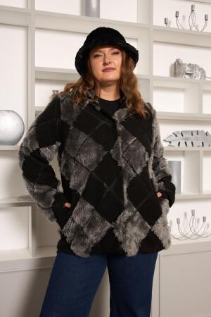 Geometrik Peluş Büyük Beden Kapşonlu Ceket Siyah - RMG