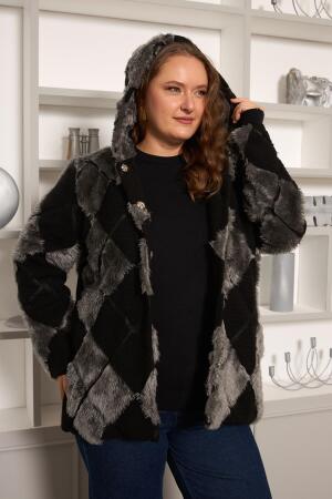 Geometrik Peluş Büyük Beden Kapşonlu Ceket Siyah - RMG (1)