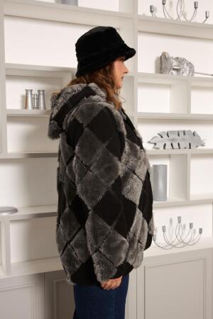 Geometrik Peluş Büyük Beden Kapşonlu Ceket Siyah - 3