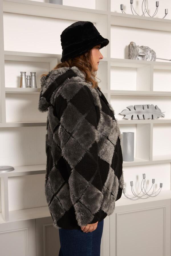 Geometrik Peluş Büyük Beden Kapşonlu Ceket Siyah - 3