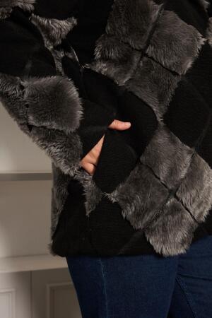 Geometrik Peluş Büyük Beden Kapşonlu Ceket Siyah - 4