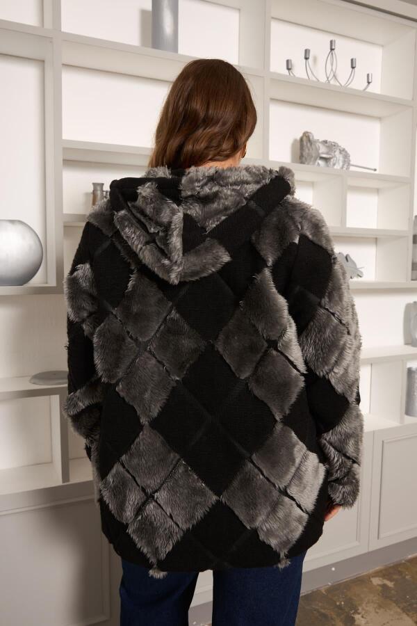 Geometrik Peluş Büyük Beden Kapşonlu Ceket Siyah - 5