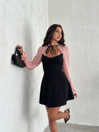 Göğsü Bağlamalı Kalp Yaka Kolları Şifon Mini Elbise - Siyah Pembe - ANGELINO BuyukBedeniz