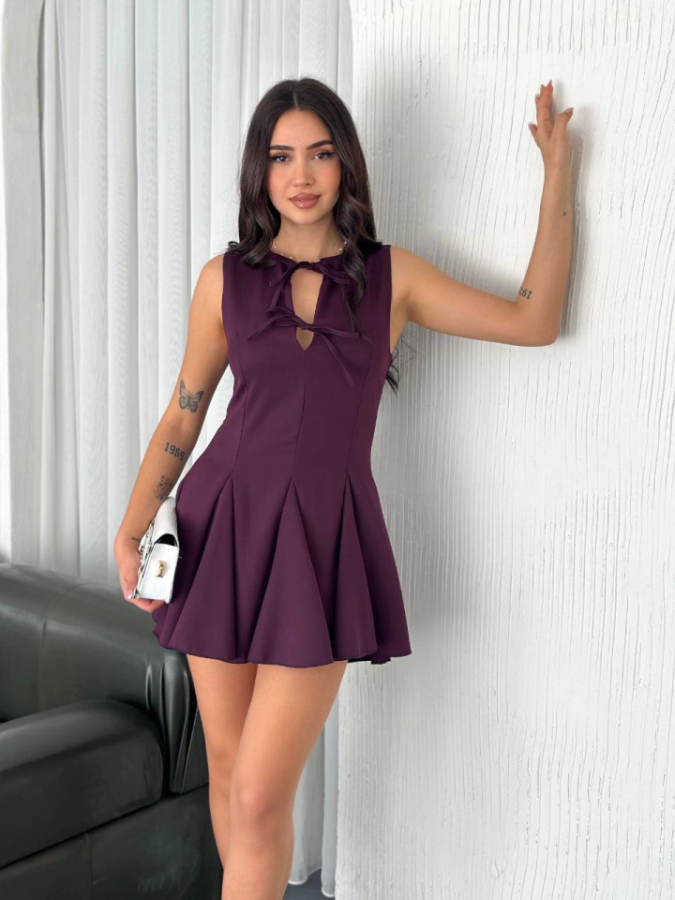 Göğüs Bağlamalı Kolsuz Mini Boy Elbise - Gül Kurusu - 4