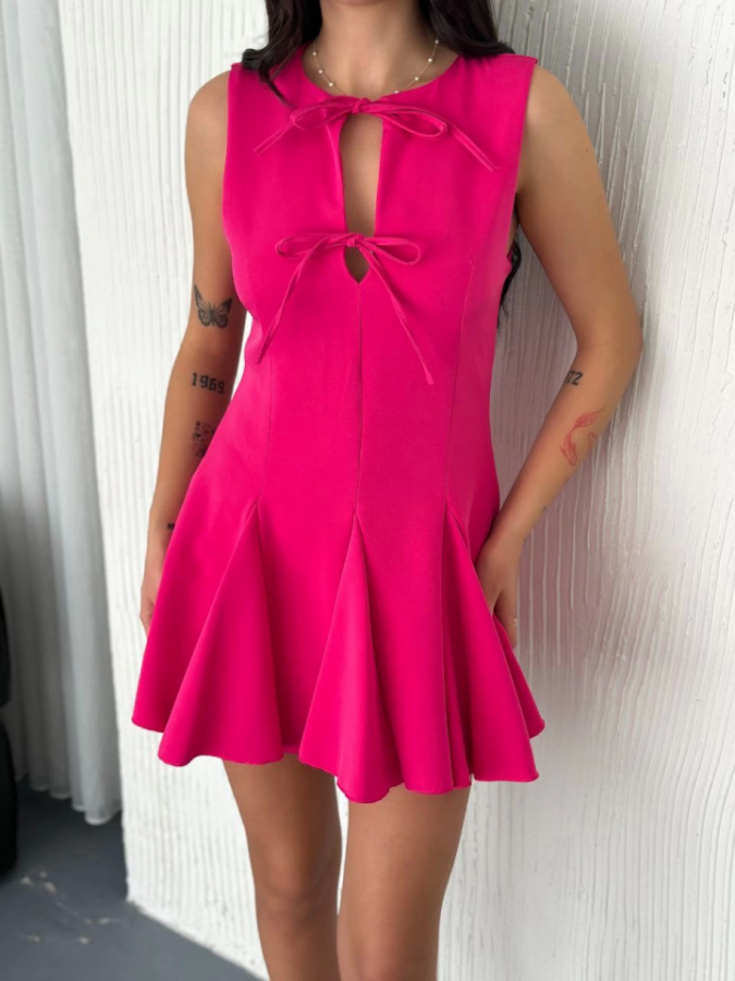 Göğüs Bağlamalı Kolsuz Mini Boy Elbise - Pembe - 1