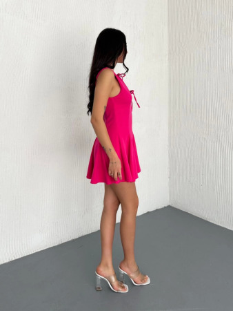 Göğüs Bağlamalı Kolsuz Mini Boy Elbise - Pembe - 4