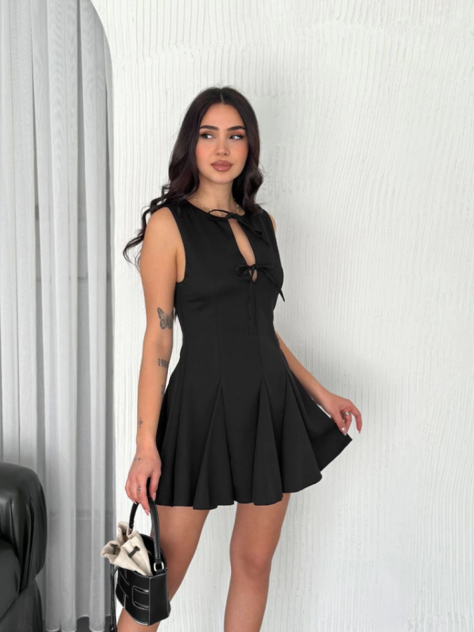 Göğüs Bağlamalı Kolsuz Mini Boy Elbise - Siyah - 3
