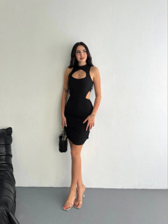 Göğüs Ve Yanlar Dekolteli Kolsuz Boy Elbise - Siyah - ANGELINO BuyukBedeniz