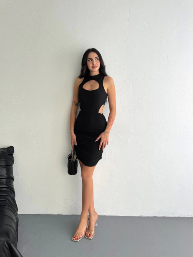 Göğüs Ve Yanlar Dekolteli Kolsuz Boy Elbise - Siyah - 1