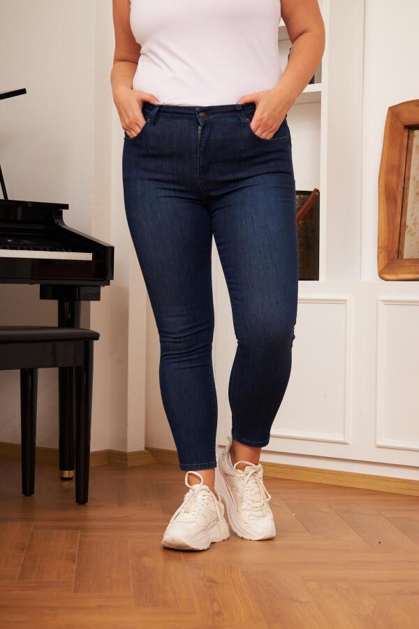 Gold Düğme Detay Büyük Beden Koyu Lacivert Pantolon - 1