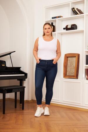 Gold Düğme Detay Büyük Beden Koyu Lacivert Pantolon - 5