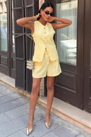 Gold Düğme Detaylı Yelek Şort Cotton Takım 10208 - 5