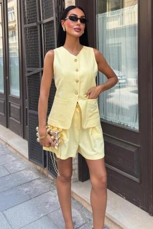Gold Düğme Detaylı Yelek Şort Cotton Takım 10208 - 7