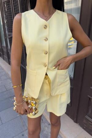 Gold Düğme Detaylı Yelek Şort Cotton Takım 10208 - 8