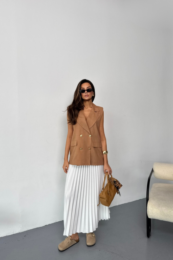 GOLD DÜĞMELİ KETEN YELEK - Kahverengi - 3