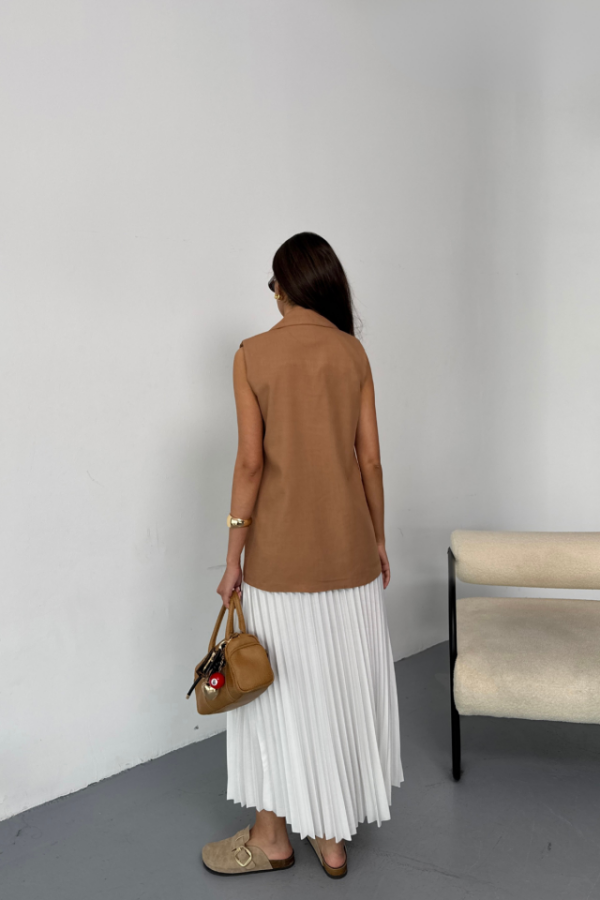 GOLD DÜĞMELİ KETEN YELEK - Kahverengi - 2