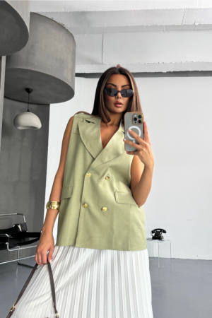 GOLD DÜĞMELİ KETEN YELEK - Yeşil - ANGELINO BuyukBedeniz