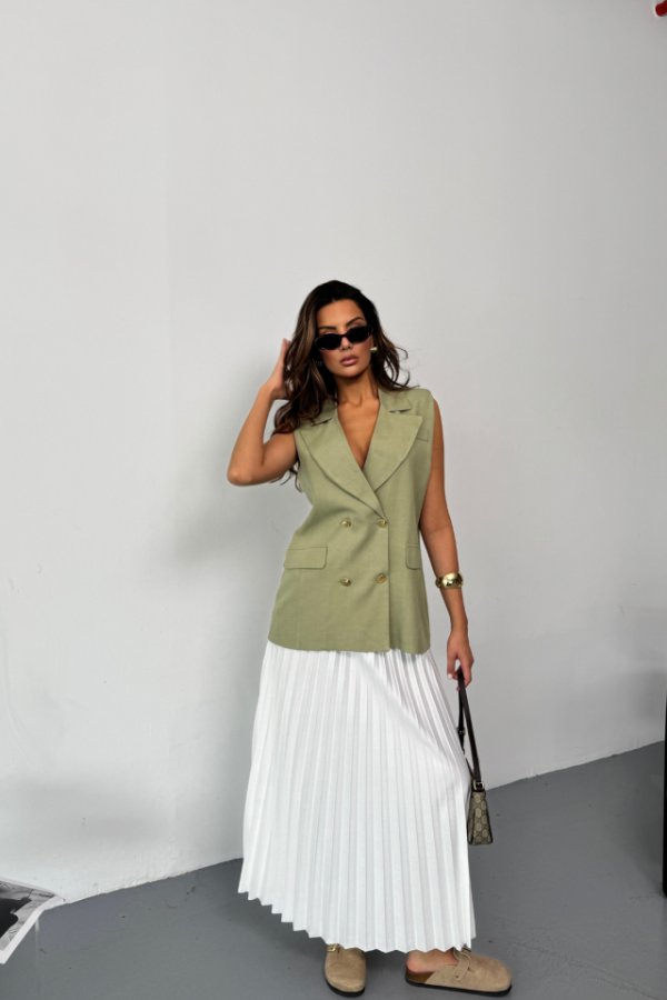 GOLD DÜĞMELİ KETEN YELEK - Yeşil - 4