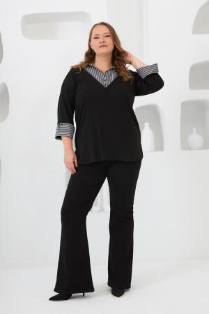 Gömlek Garnili Büyük Beden Bluz Siyah - 5