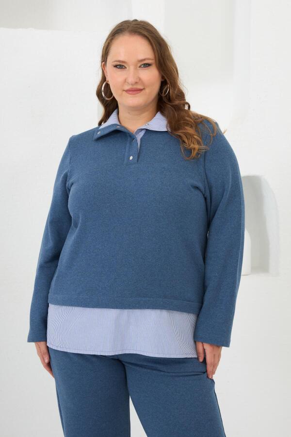 Gömlek Görünümlü Büyük Beden Sweat Mavi - 1