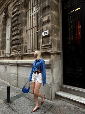 GÖMLEK POPLİN CROP YAN ÇİFT KEMER DETAYLI - Mavi - ANGELINO BuyukBedeniz (1)